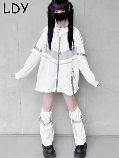 Japanese Oversized Hoodies Streetwear Vintage Contrast Coats Women Loose Y2k Aesthetic Jackets2025 Casual Grunge Zipper Tops Badiee Stylez