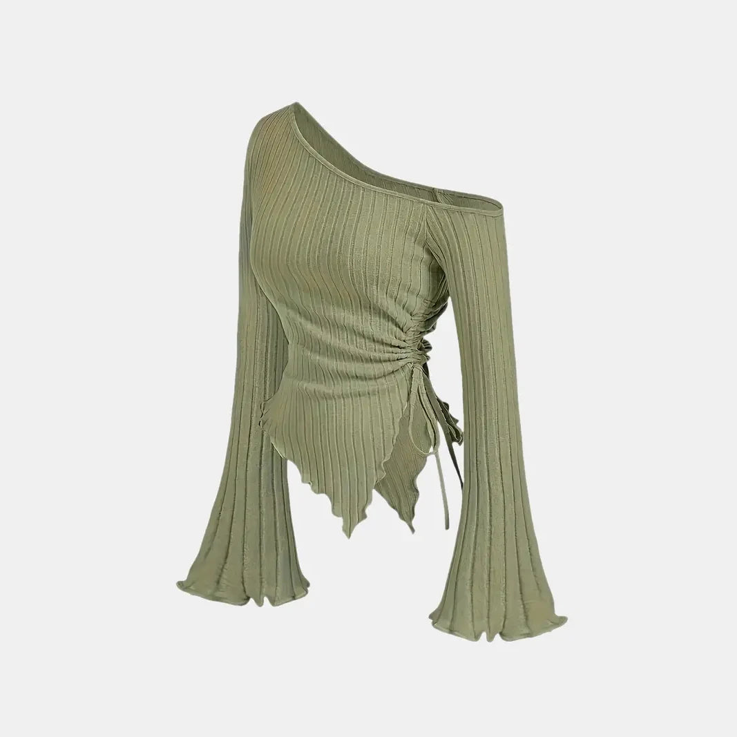 women's New off shoulder cross long sleeved slim fit casual street style asymmetrical elegant T-shirt trumpet sleeve top