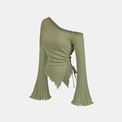 women's New off shoulder cross long sleeved slim fit casual street style asymmetrical elegant T-shirt trumpet sleeve top