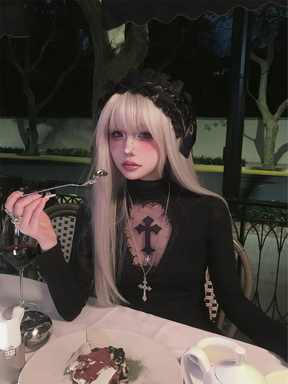 Turtleneck Top Y2k Clothes Black Gothic Cross Hollow Slimming Bottom T Shirt for Women Long Sleeve Sexy T-shirt Girls Tops Badiee Stylez