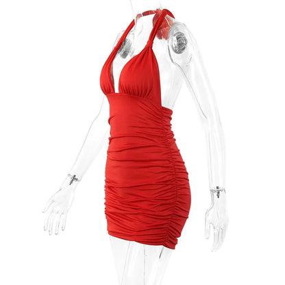 Sexy Ruffle V Deep Evening Party Dress 2025 Summer Short Halter Red Dresses For Women Tight Club Mini Dress Clubwear