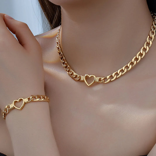 Minimalist Heart Shape Hollow Collarbone Chain Bracelet Set For Women Holiday Party Gift Fashion Jewelry CS009 CS009-XL98