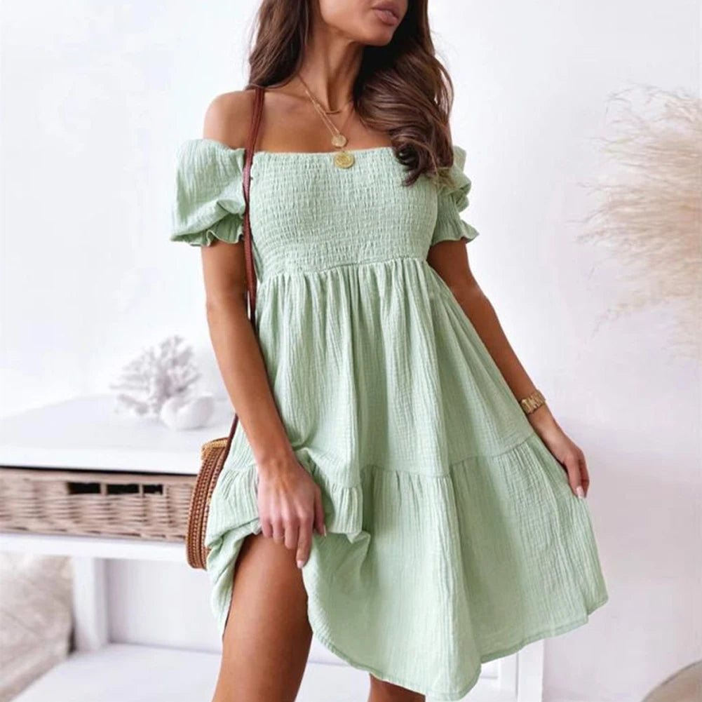 New Short Sleeve Off The Shoulder High Waist A-Line Pleated Dress Sexy Club Outfits Solid Color Summer Dress Women 2025