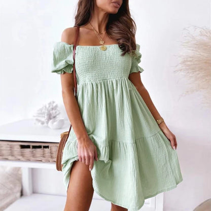 New Short Sleeve Off The Shoulder High Waist A-Line Pleated Dress Sexy Club Outfits Solid Color Summer Dress Women 2025