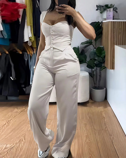 Chic Women Suit Y2k Sexy Two Piece Set Summer Sleeveless Slim Vest And Wide-leg Trouser Sets Elegant Solid Pants Women's Outfit