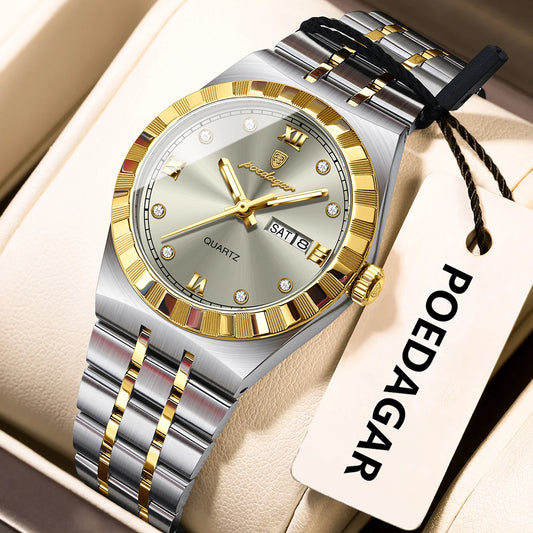 POEDAGAR Luxury Original Ladies Watch Luminous Waterproof Week Date Woman Wristwatch Stainless Steel Women Quartz Watches Female 794 Gold Grey