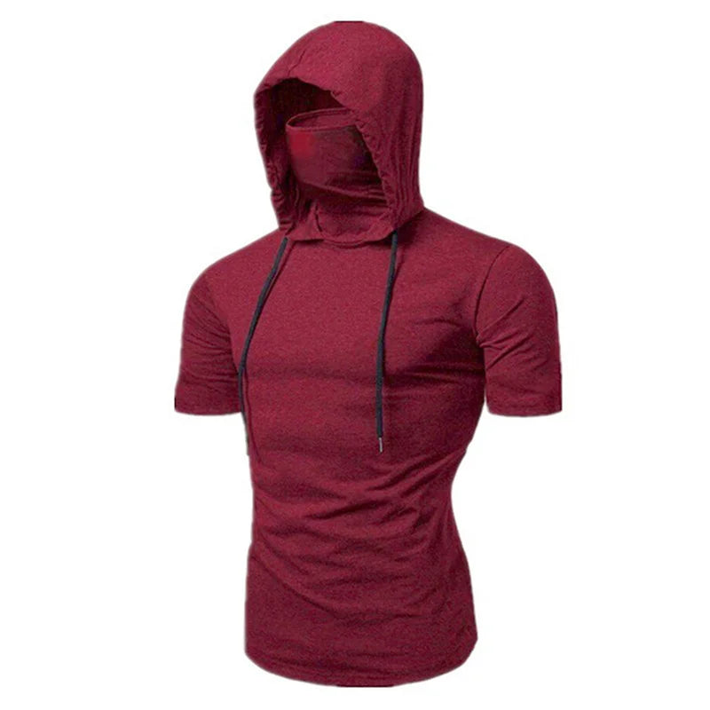 Mens Gym Thin Hoodie Short Sleeve Hoodies With Mask Sweatshirt Casual Splice Large Mask Hoodie Sweatshirt Hooded Tops Cycling Badiee Stylez