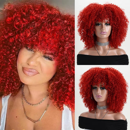 16 Inch Afro Kinky Curly Hair Wigs With Bangs Soft Fluffy Synthetic Fiber None Lace Wigs For Party Cosplay Daily Use Badiee Stylez