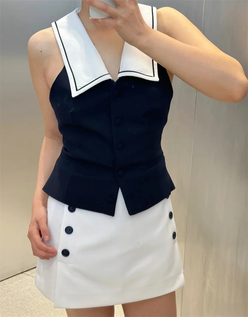 Women's Tops New Summer 2025 Sailor Suit Style Sleeveless Top Sexy Open Back Design Fashionable and Versatile Lively Personality