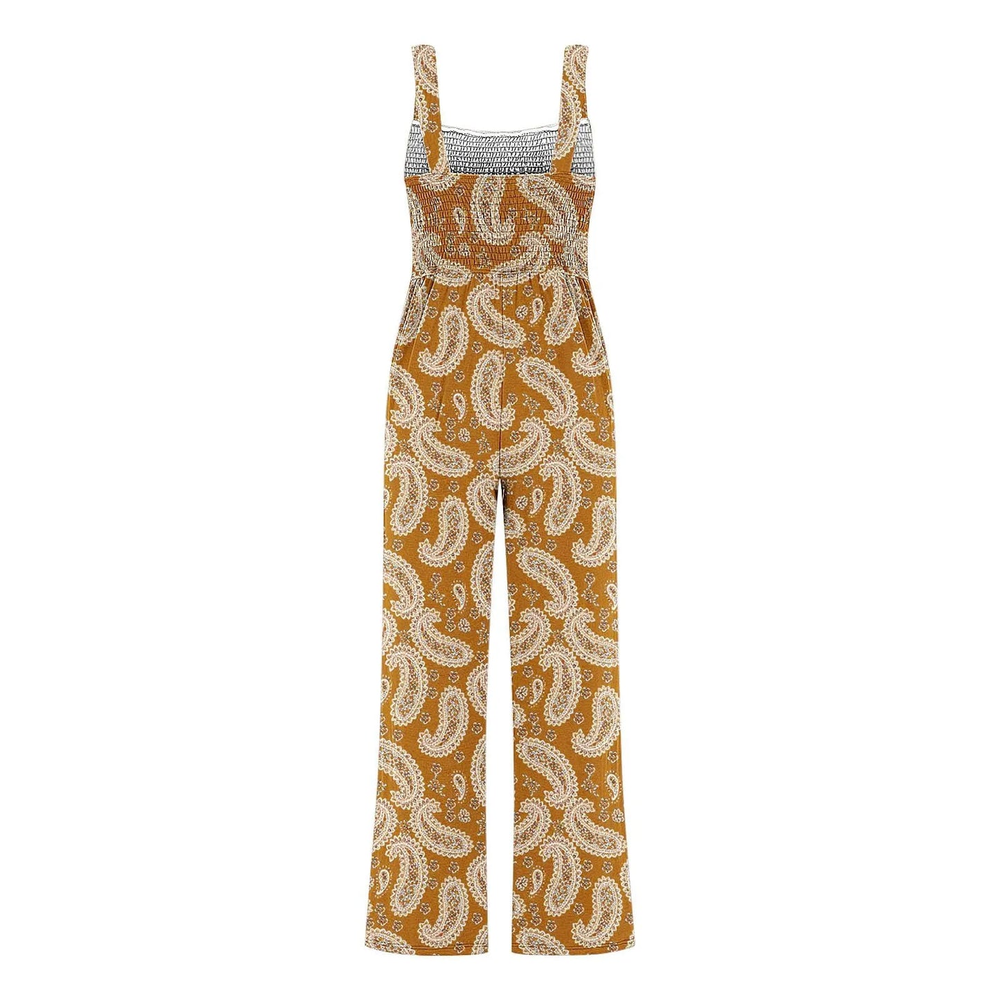 Women'S Suspender Jumpsuits Fashion Trend Pleated Shoulder Straps Printed Pocket Loose Wide Leg Jumpsuits Daily Casual All-Match