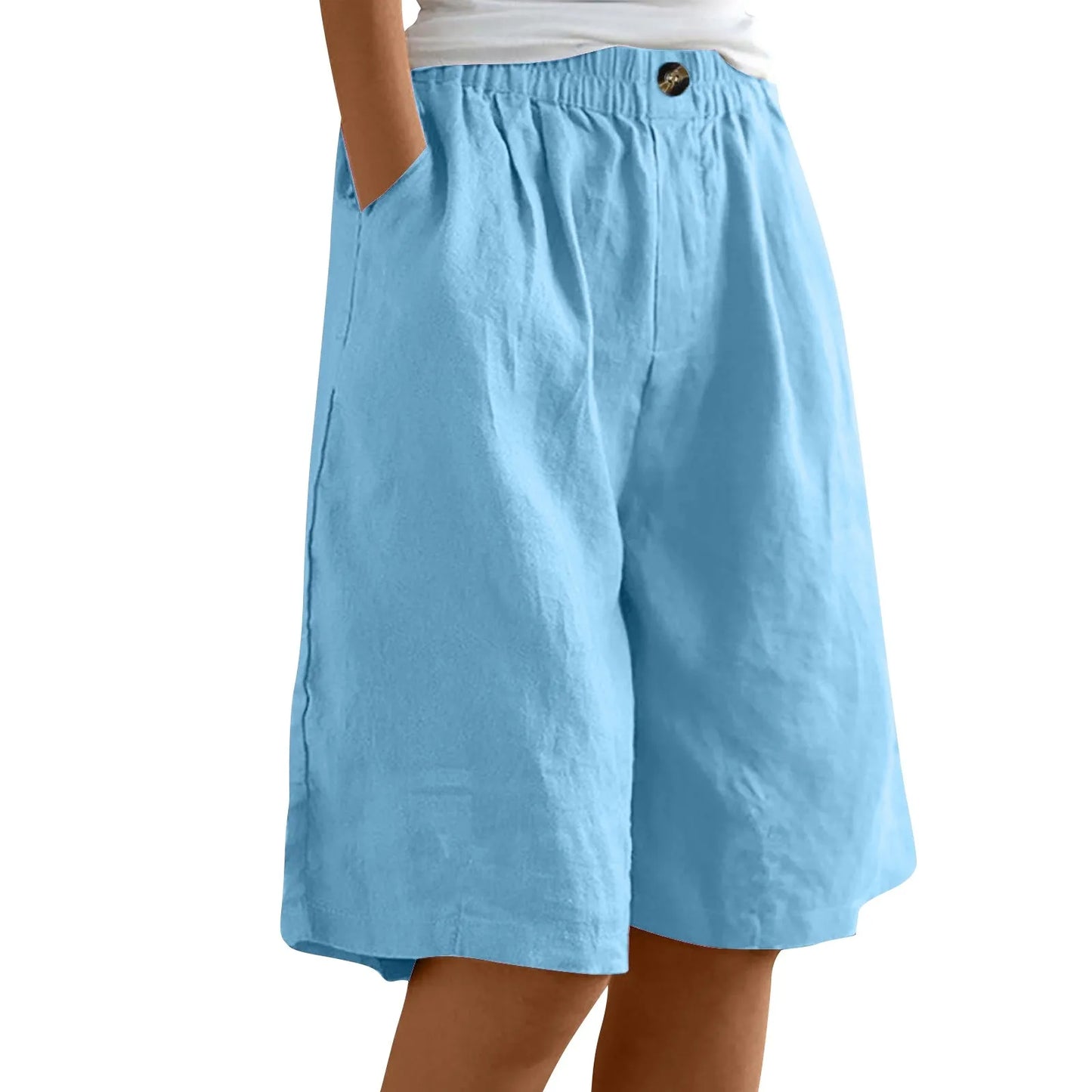Female Fashion Solid Color Elastic High Waist Pocket Button Up Loose Cotton Linen Five Length Shorts Summer Soft Comfort Pants