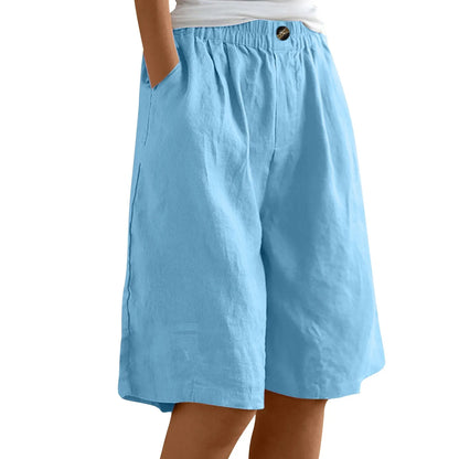 Female Fashion Solid Color Elastic High Waist Pocket Button Up Loose Cotton Linen Five Length Shorts Summer Soft Comfort Pants