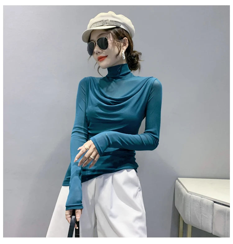 Sexy Mesh Basic T-shirts Women 2025 Fashion Turtleneck Casual Long Sleeve Y2k Tops Korean Clothes Woman Black Winter T Shirt 4XL