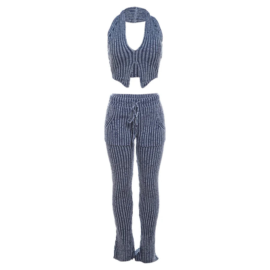 Weird Puss Patchwork Striped Women Casual 2 Piece Set Crochet Halter Low-Neck Vest+Pocket Pants Stretch Skinny Matching Suit Badiee Stylez
