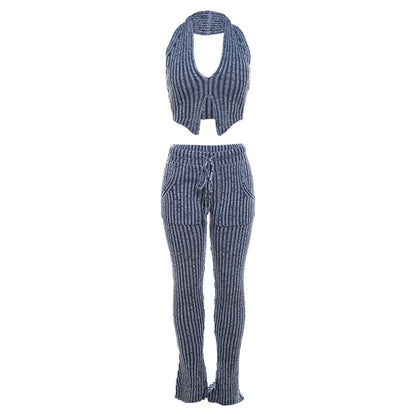 Weird Puss Patchwork Striped Women Casual 2 Piece Set Crochet Halter Low-Neck Vest+Pocket Pants Stretch Skinny Matching Suit Badiee Stylez