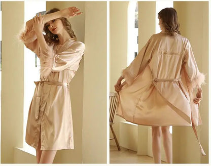 Kimono Bride Bridesmaid Robe Loungewear Wedding Bathrobe Gown Feather Women Embroidery Letter Sleepwear Short Satin Nightgown