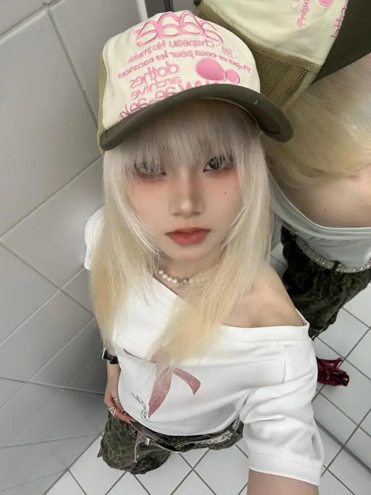 Tawaaiw Gothic Print Cross T Shirt Women Off Shoulder Short Sleeve Graphic Tee Female Clothing Korean Fashion 2000s Clothes Y2k