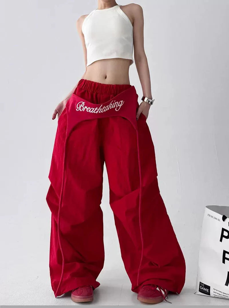 Korean Y2K Cargo Pants Women Streetwear Letter Print Baggy Sweatpants Gyaru Harajuku Wide Leg Joggers Summer Casual Trousers Badiee Stylez