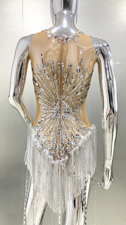 Sliver Sequins Shining Diamonds Long Tassel Sleeveless Mini Dress High Quality Evening Dress Woman Birthday Party Outfit