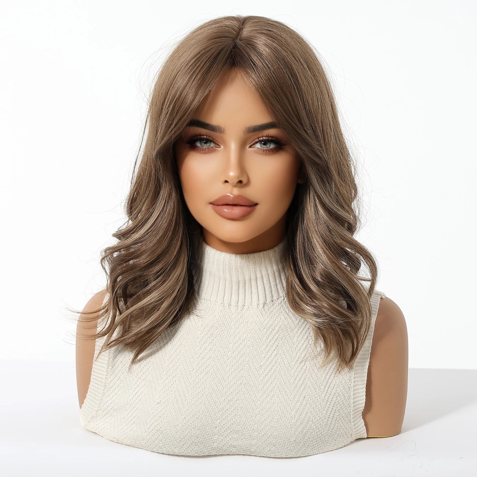 Honey Brown Synthetic Wig Short Wavy Wigs with Medium Part Bangs Cosplay Daily Lolita Curly Hair Wigs for Women Heat Resistant Badiee Stylez