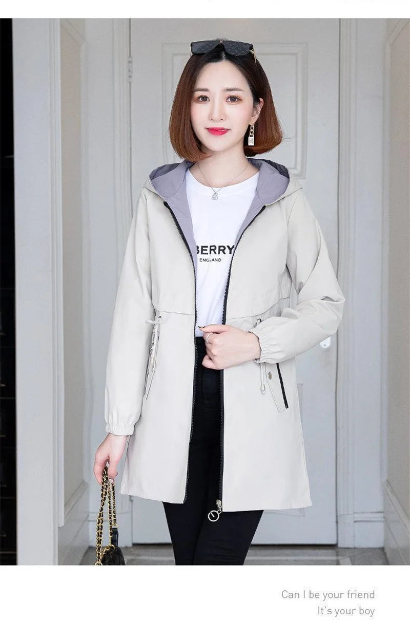 Double-Sided Trench Coat Women 2023New Fashion Spring Autumn Clothes Hooded Mid-Length Windbreakers Female Outerwear Casual Tops