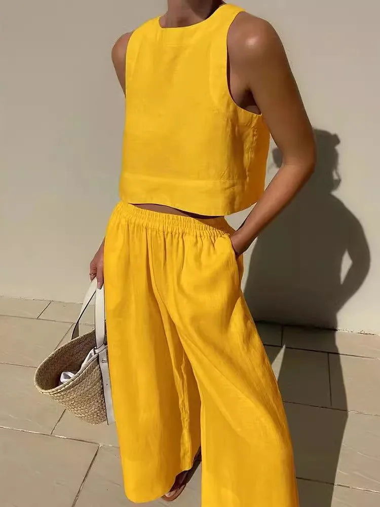 Women's Solid Color Casual Sleeveless Shirt And Pants Two Piece Summer Loose Simple Wide Leg Pants Vest Female 2025