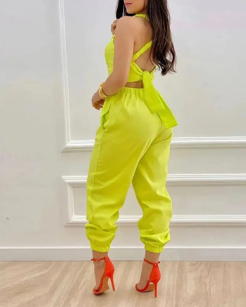 Women Printed Letter Jumpsuits Sleeveless V Neck Suspenders Backless High Waist Trousers Overall Rompers Pockets One Piece