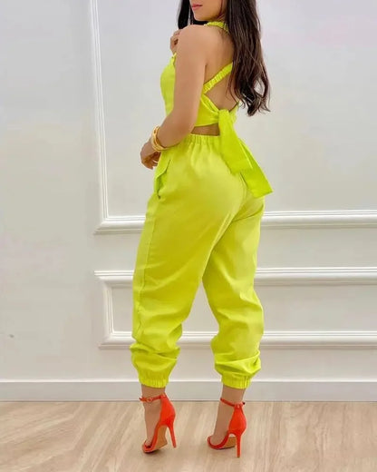 Women Printed Letter Jumpsuits Sleeveless V Neck Suspenders Backless High Waist Trousers Overall Rompers Pockets One Piece