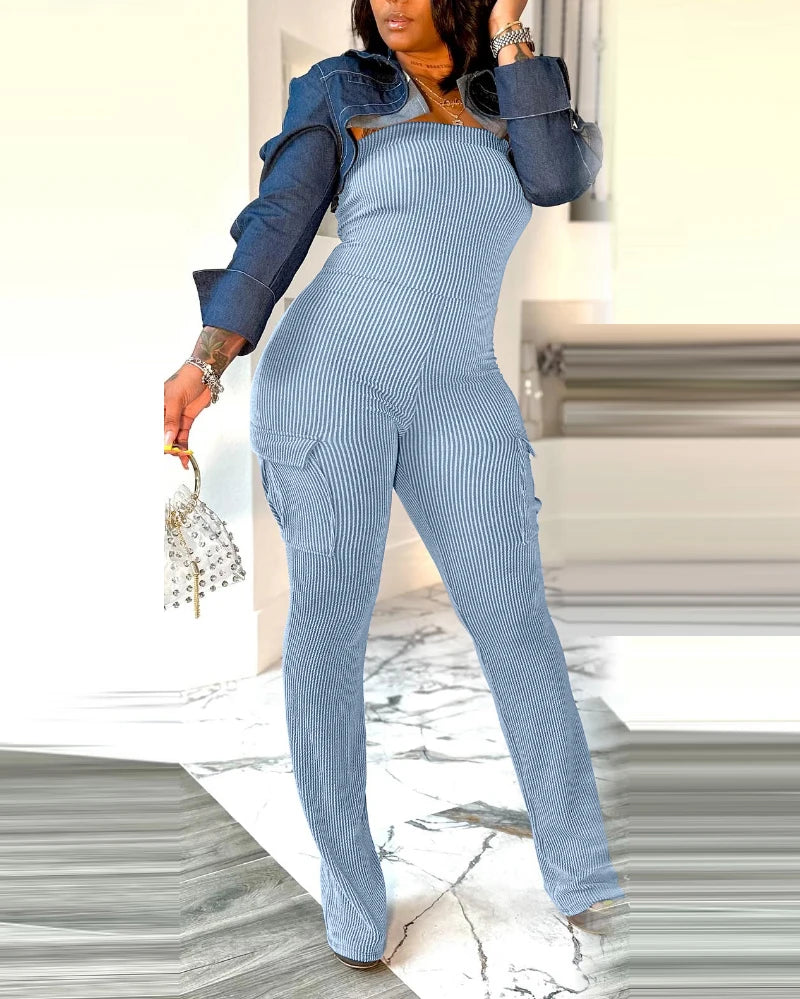 Women's Jumpsuit 2024 Summer Elegant Casual Striped Printed Spaghetti Strap Tie Details Mid Waisted Tight Fit Cropped Jumpsuit