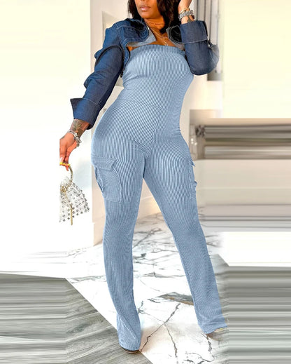 Women's Jumpsuit 2024 Summer Elegant Casual Striped Printed Spaghetti Strap Tie Details Mid Waisted Tight Fit Cropped Jumpsuit