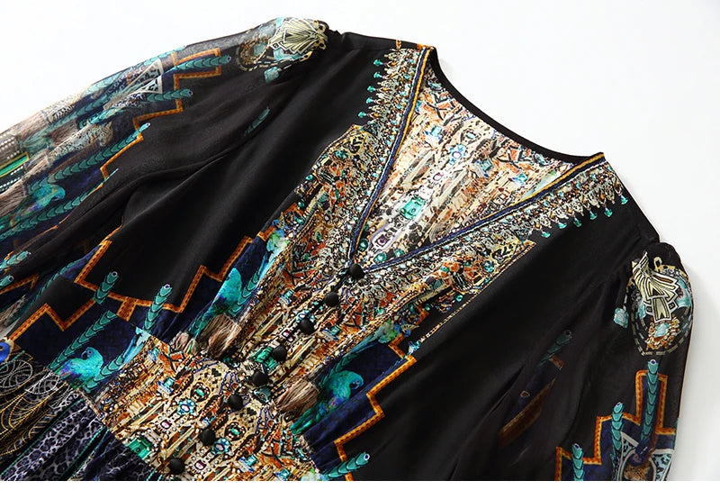 2025 Summer Bohemian Dresses For Women Elegant V-neck High Waist Women's Print Black Dress A-line 100% Real Silk Long Midi Dress Badiee Stylez