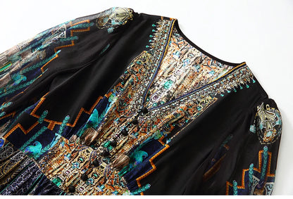 2025 Summer Bohemian Dresses For Women Elegant V-neck High Waist Women's Print Black Dress A-line 100% Real Silk Long Midi Dress Badiee Stylez