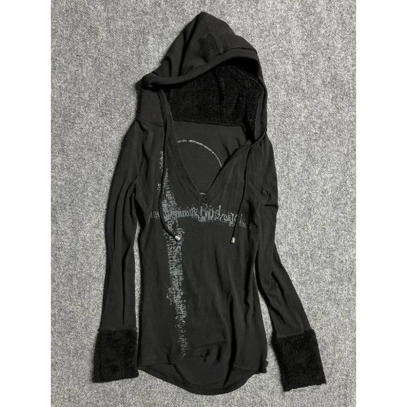 Deeptown Y2k Black Vintage Printed Hoodies Women V Neck Long Sleeve American Fashion Hooded Sweatshirt Streetwear Hip Hop Spring Black