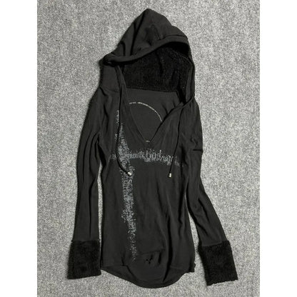 Deeptown Y2k Black Vintage Printed Hoodies Women V Neck Long Sleeve American Fashion Hooded Sweatshirt Streetwear Hip Hop Spring Black