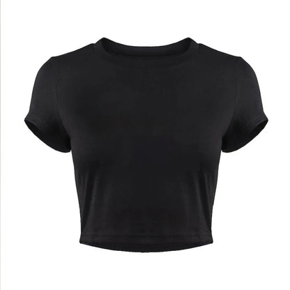 Cotton Blend Short Sleeve ME Letter Print Crop T-Shirt - Soft Semi-Sheer Micro Elasticity Crew Neck Sexy Style