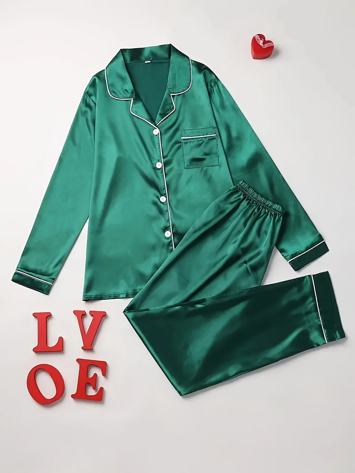Solid Pajama Set Long Sleeve Button Up Lapel Top & Pants Pj Set Women's Sleepwear & Loungewear green