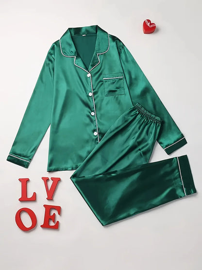 Solid Pajama Set Long Sleeve Button Up Lapel Top & Pants Pj Set Women's Sleepwear & Loungewear green