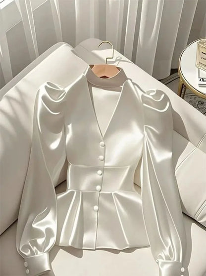 French Elegant Women's Shirt Luxury Waist Cinched White Satin Long Sleeve Shirt for Women Temperament Women's Elegant Blouses
