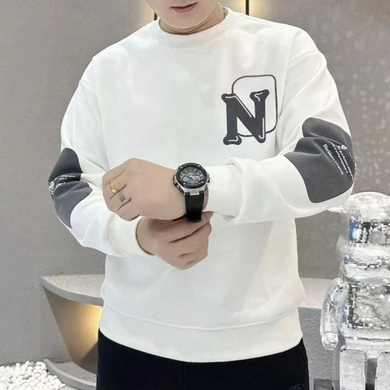Trend Contrast Patchwork Print Letter Hoodies Sweatshirts Spring Autumn Long Sleeve Loose Casual Tops Fashion Lazy Men Clothing WHITE