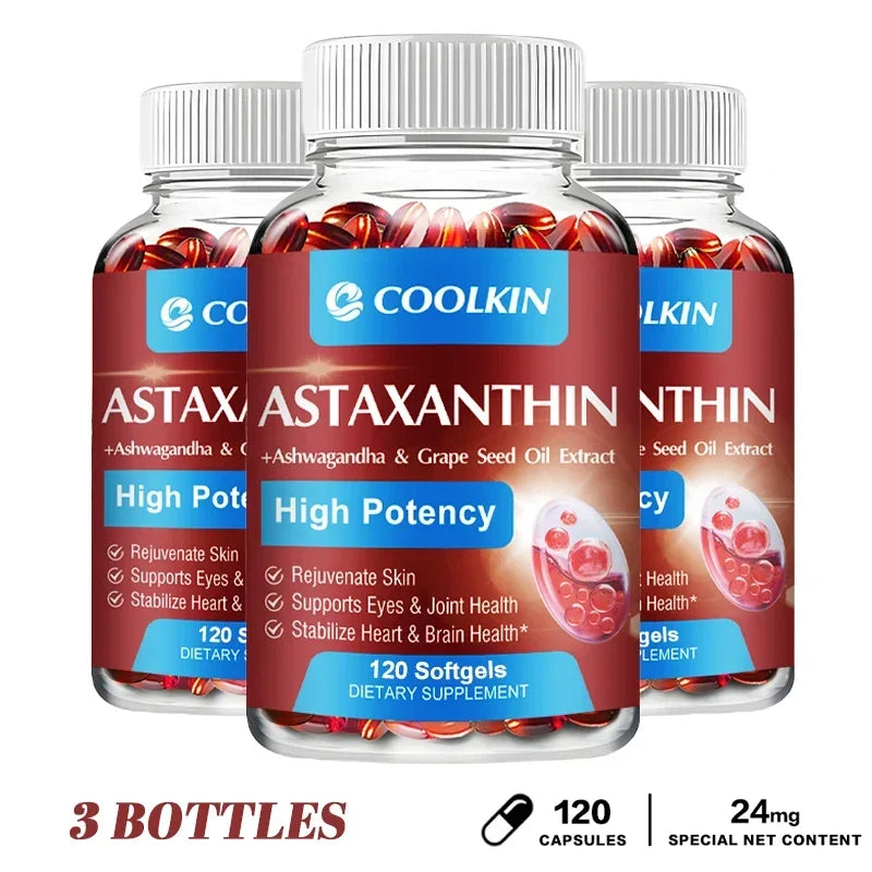 Astaxanthin 24mg - with Ashwagandha, Grape Seed Oil Extract - for Joint, Brain, Immune and Heart Support Diet 120 Capsule-3bottles