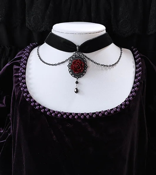 Gothic Dark Rose Cameo Choker Women Girls Halloween Pagan Witch Jewelry Accessories Gift Vintage Vampire Rose Velvet Necklace AQ-4690 CHINA