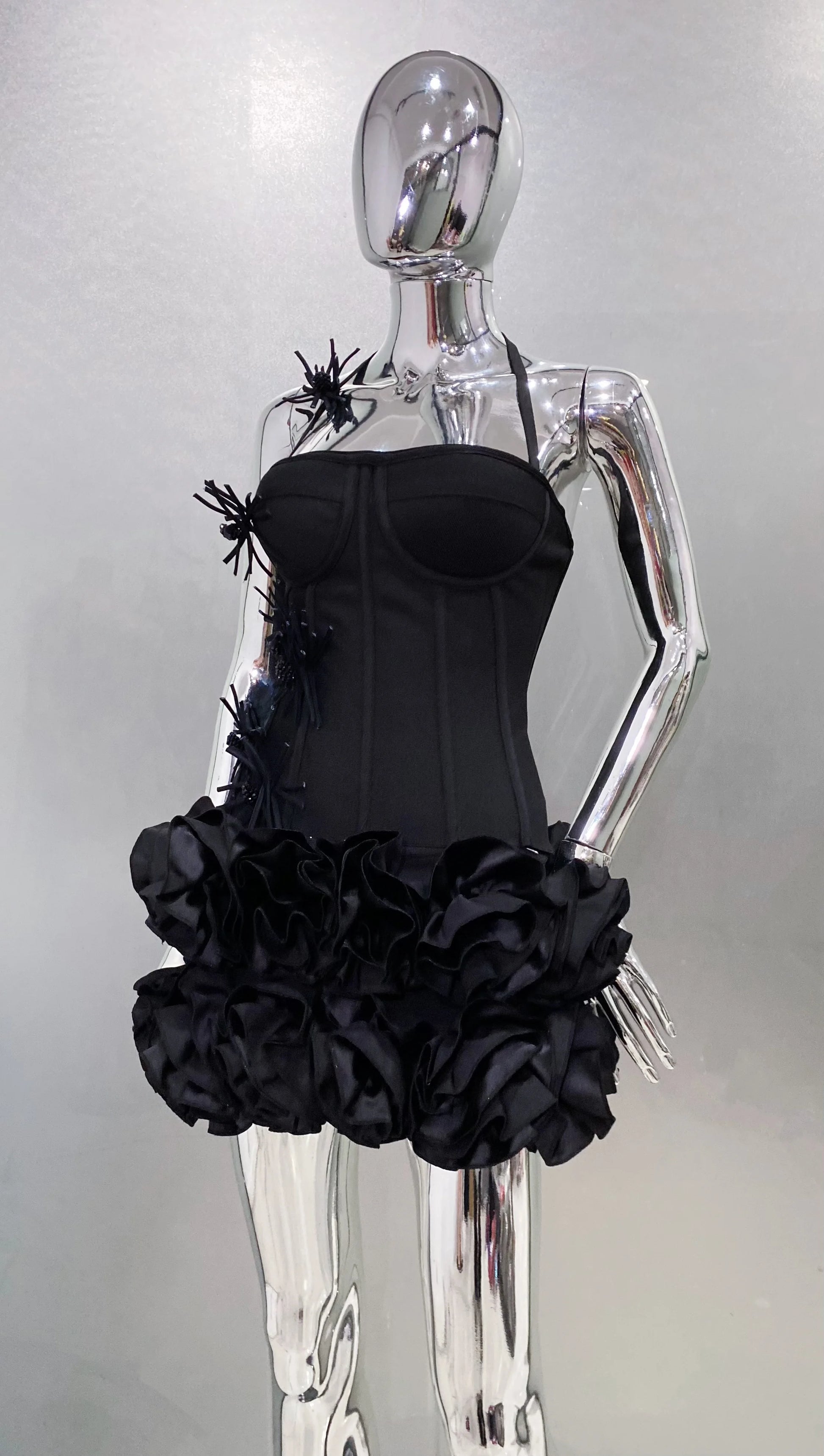 Black Red Women Sexy Strapless Laced-up Tops 2 Pieces Florals Bodycon Mini Bandage Dress Celebrate Nightclub Party Stage Wear