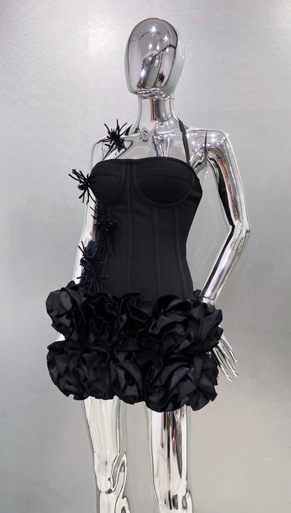 Black Red Women Sexy Strapless Laced-up Tops 2 Pieces Florals Bodycon Mini Bandage Dress Celebrate Nightclub Party Stage Wear