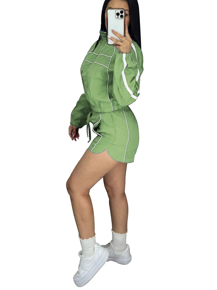 2025 Trendy Woman Clothes Sets Y2k Lounge Tracksuit Contrast Color Long Sleeve Zip Windbreaker Jacket Shorts 2 Piece Set Outfits Green