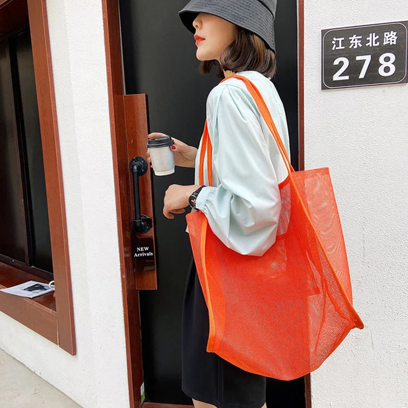 Summer Fashion Mesh Handbag Totes Hollow Out Shoulder Bags For Women Female Casual Fashion Large Capacity Shopping Pack
