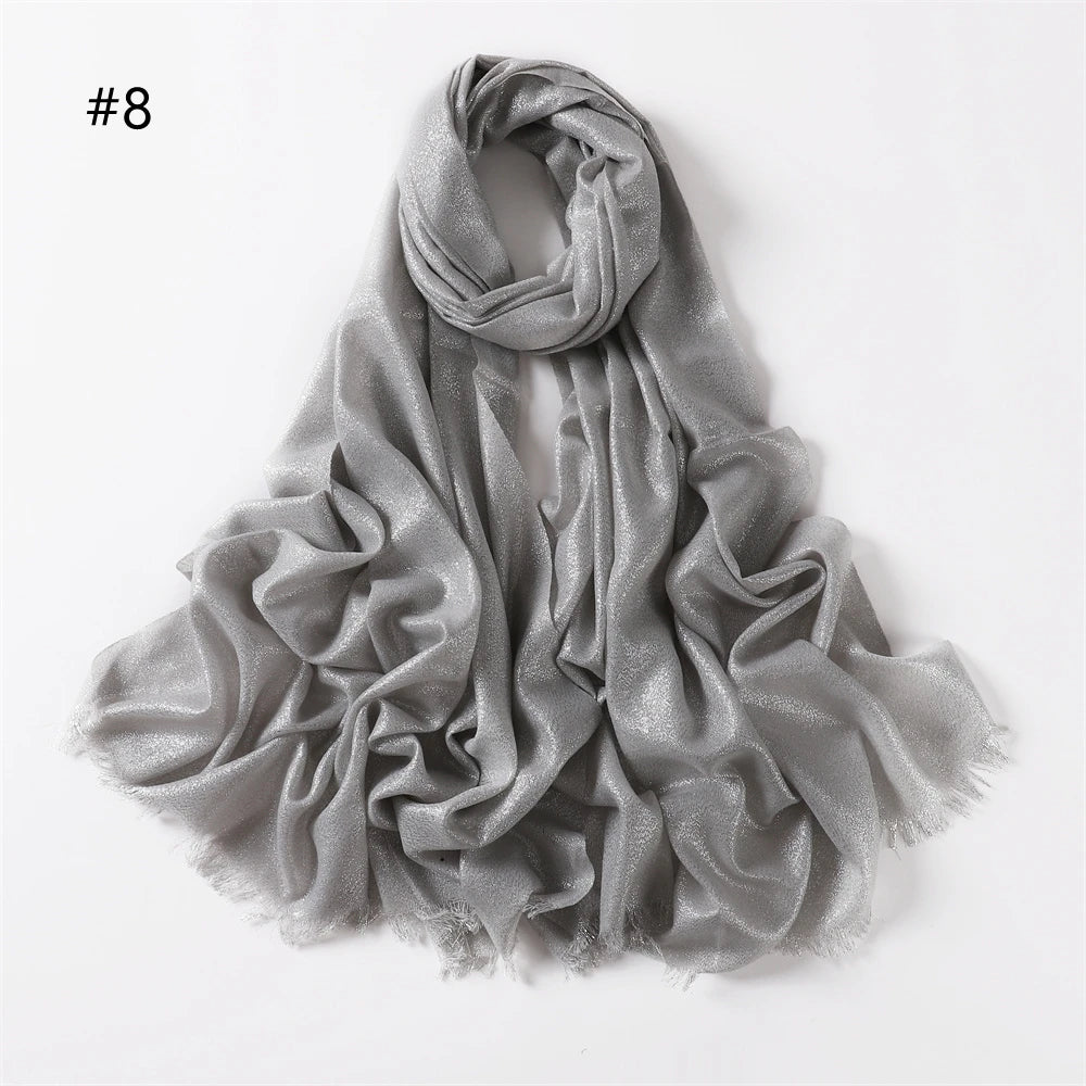 Lastest Brand Design Scarf Shiny Solid Color Shawls Rayon Fabric Gold Silk Silver Wire Head Shawl Fringe Hijab For Women