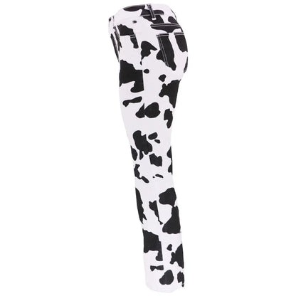 Cow Print High Waist Straight Jeans Women New Comfortable Casual Denim Pants Female Four Seasons Trousers 2024 Trend Streetwear