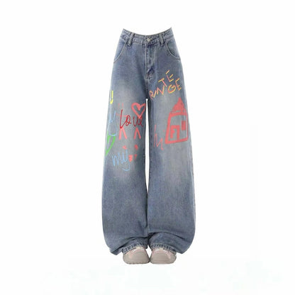 Y2K fashion retro cartoon embroidered women wide-leg jeans casual Harajuku loose pants street personality high-waisted jeans
