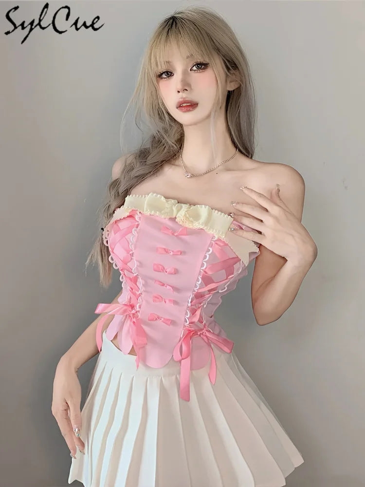 Sylcue Pink Sweet Cool Sexy Tight All-Match Femininity Charm Gorgeous Outer Wear Women'S Street Personality Drawstring Vest