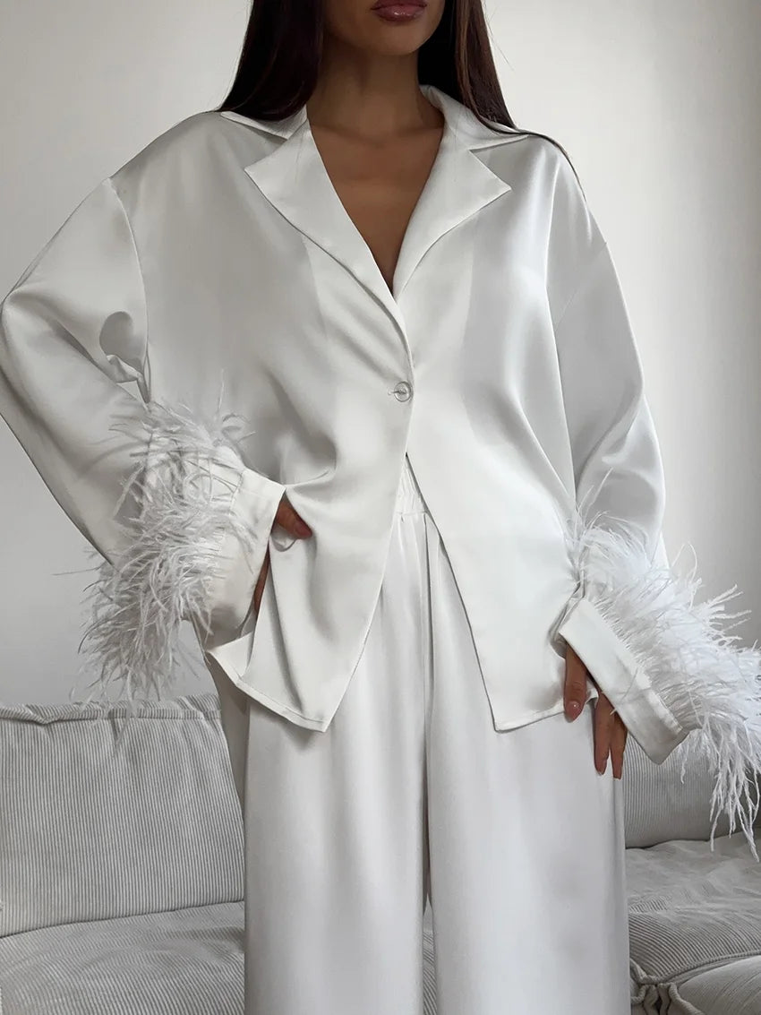 Marthaqiqi Feathers Female Nightgowns Suit Sexy Turn-Down Collar Sleepwear Long Sleeve Nightwear Pants Fashion Women Pajamas Set